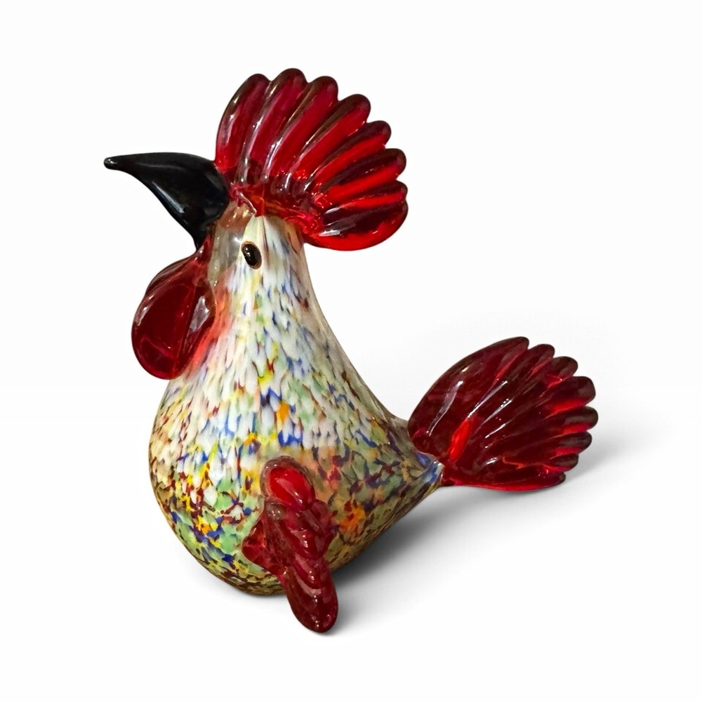 Unmarked Hand Blown Art Glass Rooster Figurine Multicolor Speckled Red Tail